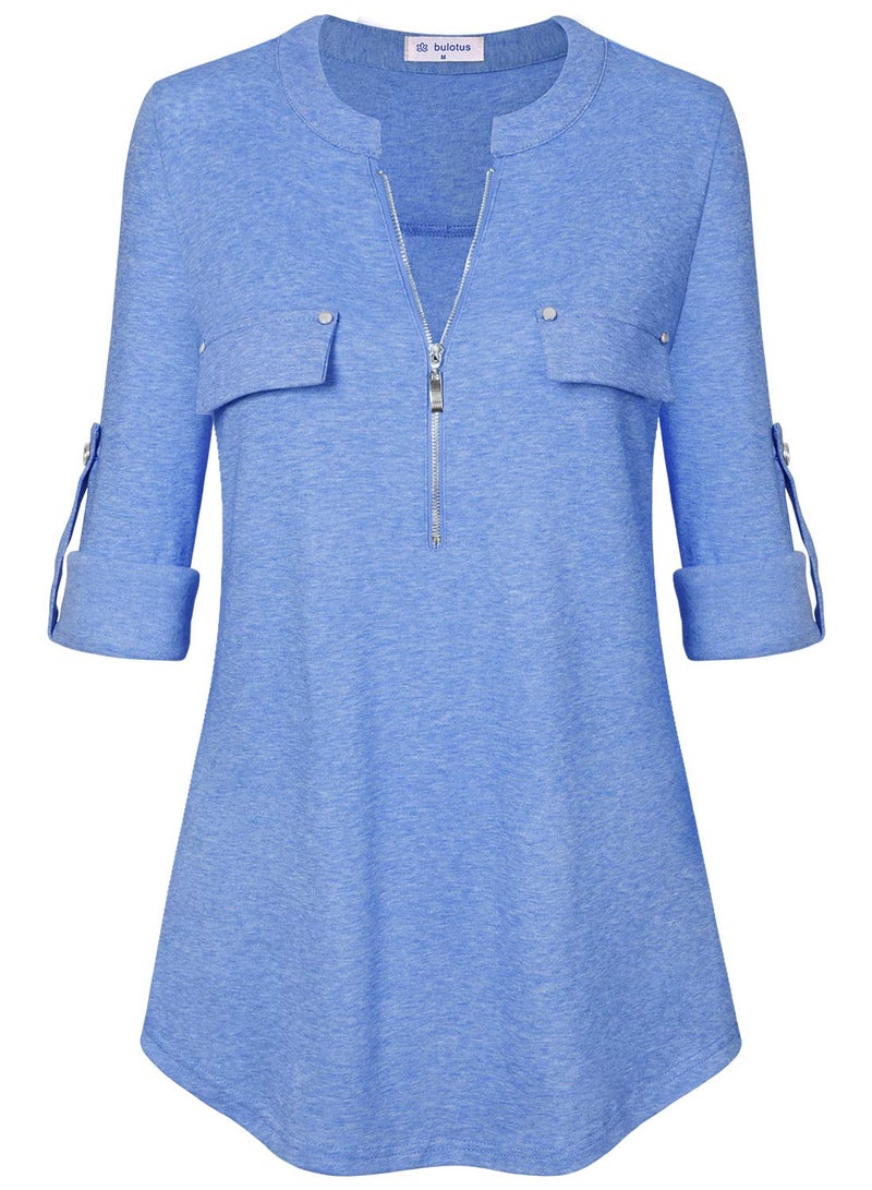 Bulotus Ladies Zip Front 3/4 Sleeve Tunic Tops for Leggings for Women,Light Blue,XXX-Large - Image 1